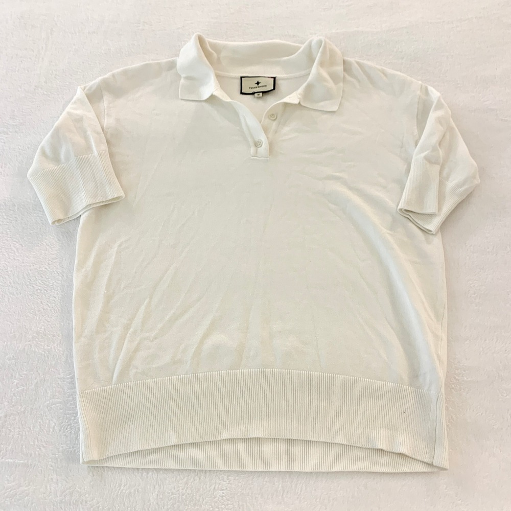 Tuckernuck Short Sleeve Polo Sweater Womens Size M White Knit Top Rayon Blend